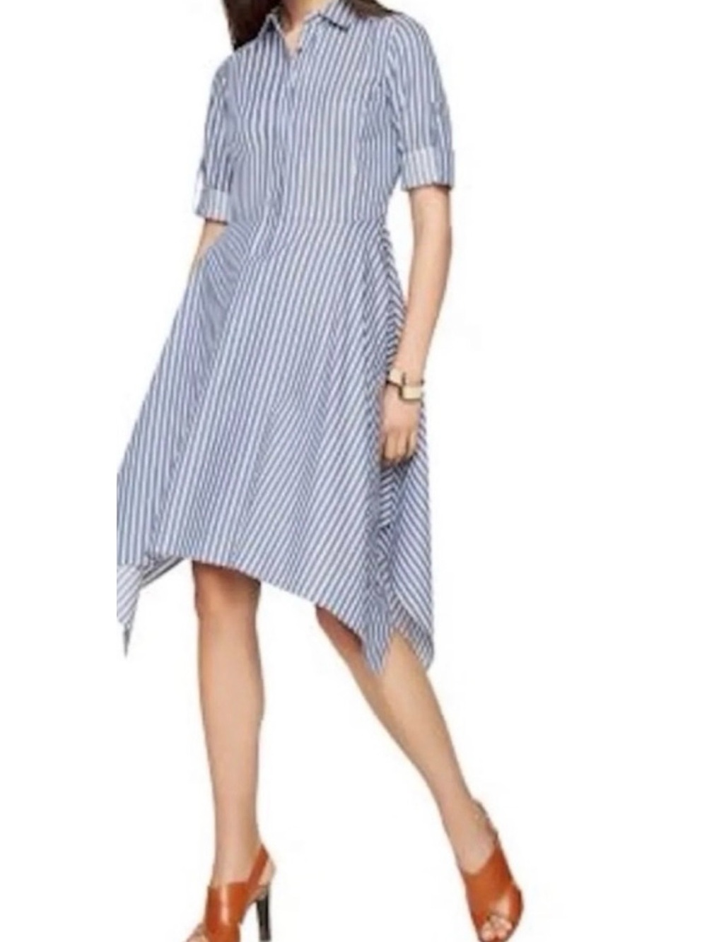 BCBG Striped Blue Shirt Dress with Handkerchief Hem